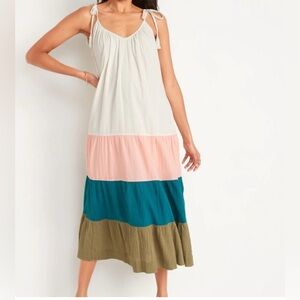 NWOT Old Navy Sz Lg Dress Color Block Pink Teal Olive Maxi Tiered Cami Pockets
